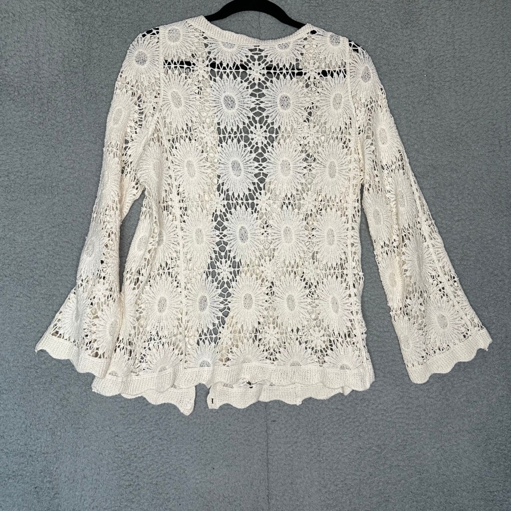 Cream Floral Crochet Cardigan Cotton Bell Sleeve Button Front Boho Lace Top L - Picture 2 of 6